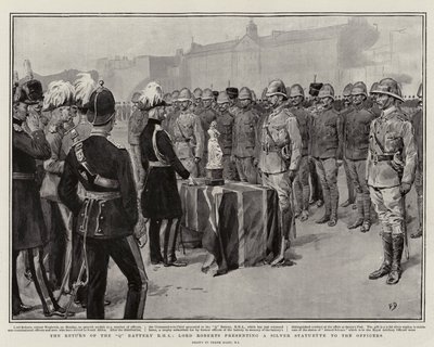 El regreso de la batería Q RHA, Lord Roberts presentando una estatuilla de plata a los oficiales de Frank Dadd